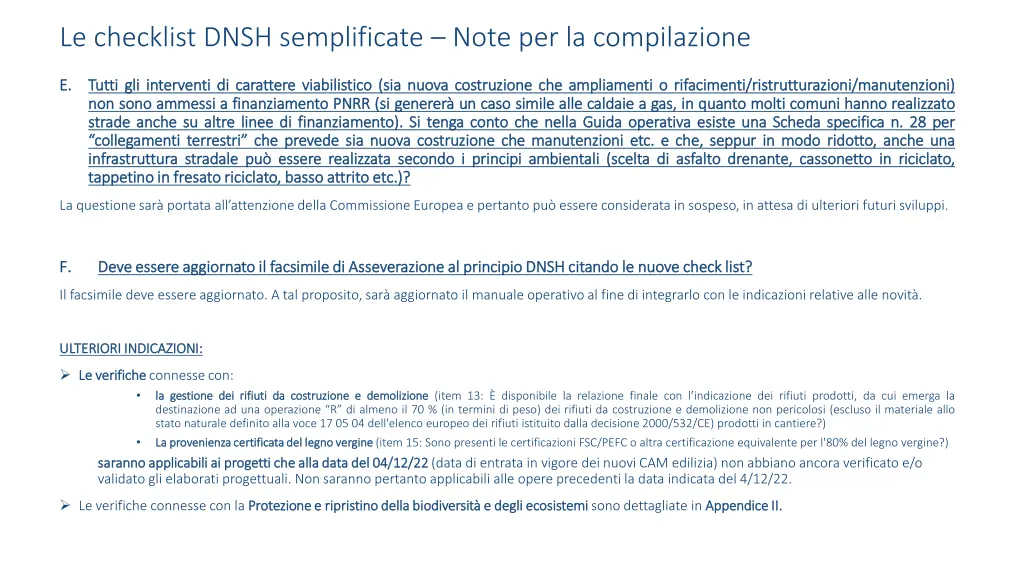 le checklist dnsh semplificate note 2