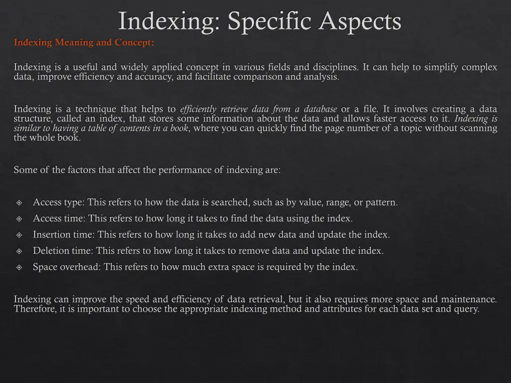 indexing specific aspects indexing meaning