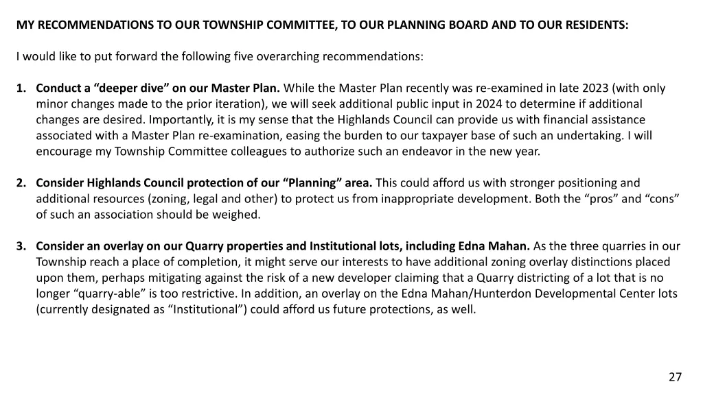 my recommendations to our township committee