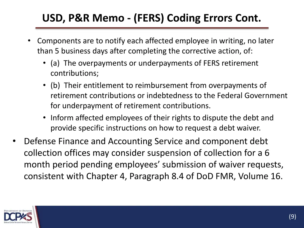 usd p r memo fers coding errors cont