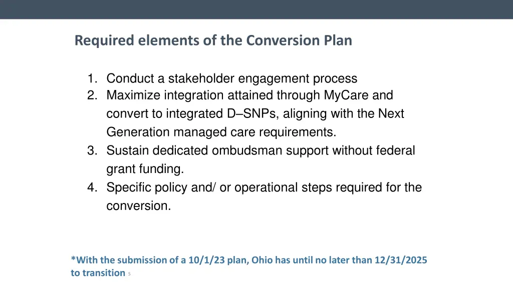 required elements of the conversion plan