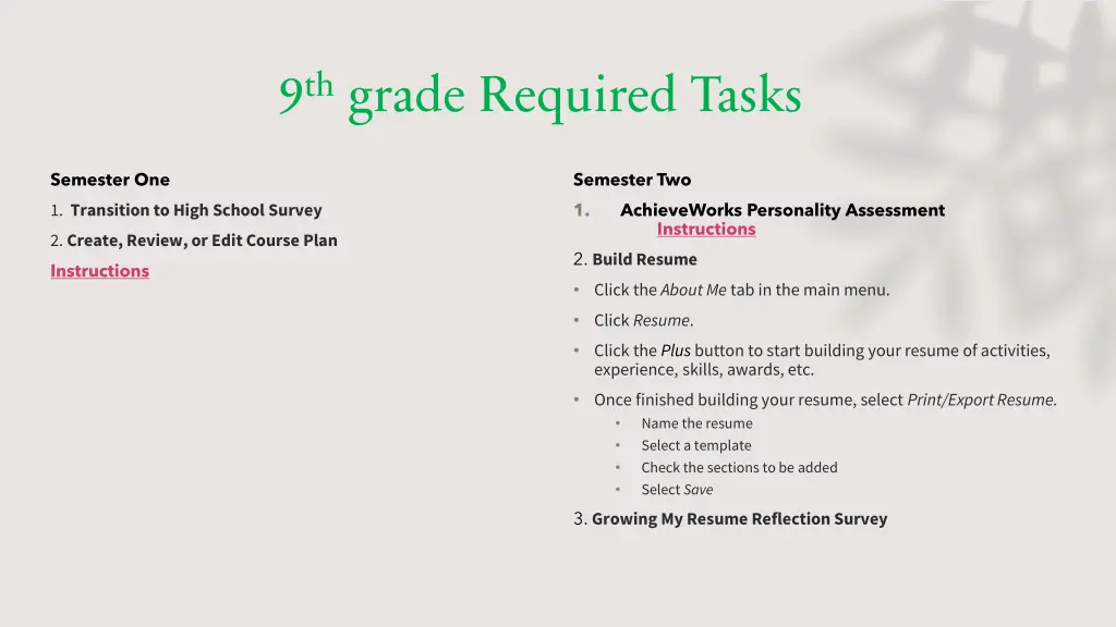 9 th grade required tasks