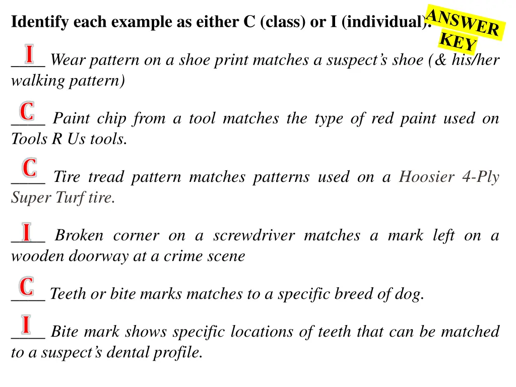 identify each example as either c class