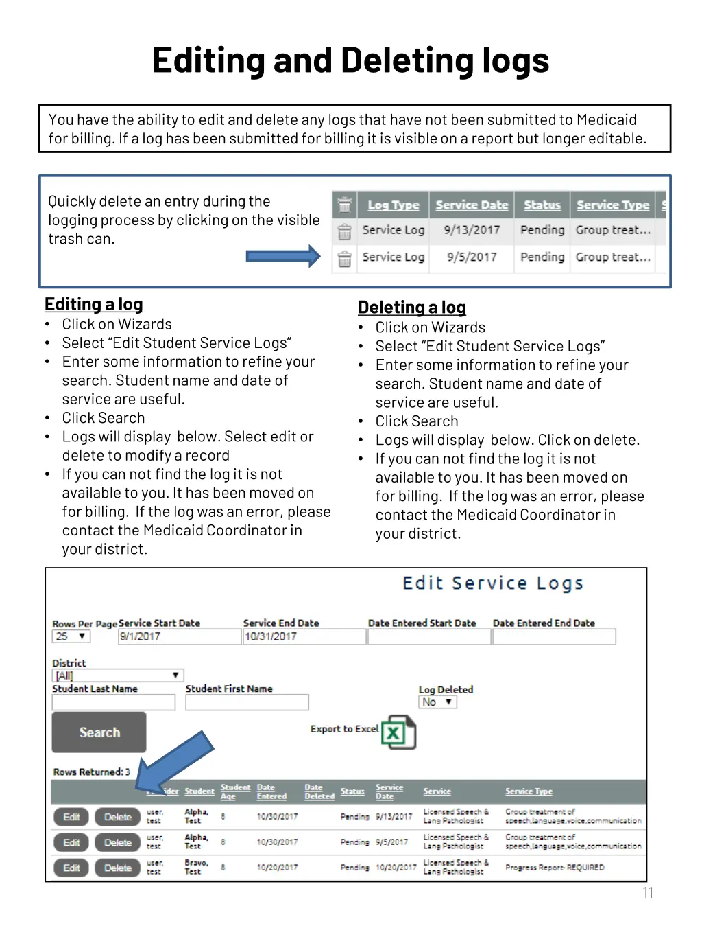 editing and deleting logs