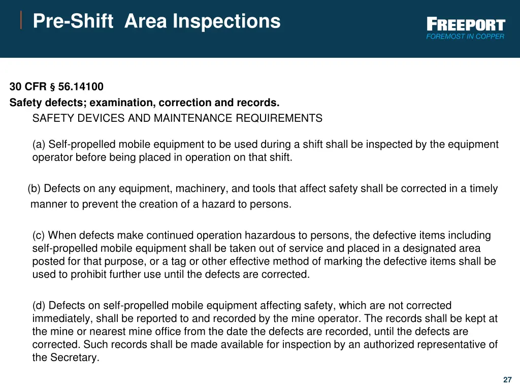 pre shift area inspections