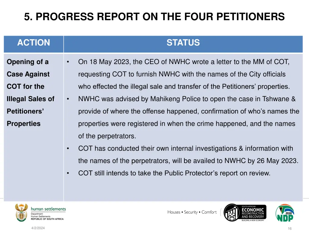 5 progress report on the four petitioners 6