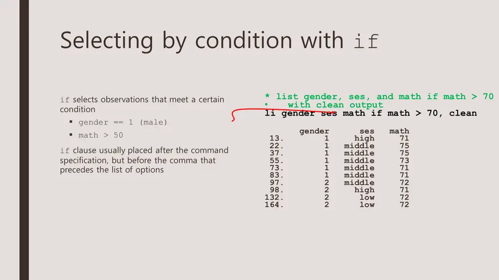 selecting by condition with if