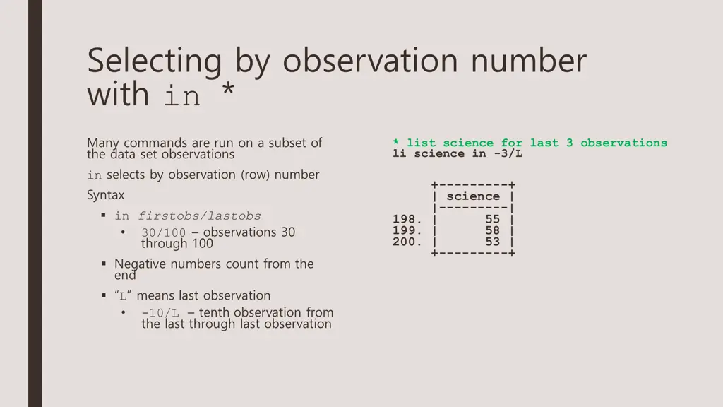 selecting by observation number with in