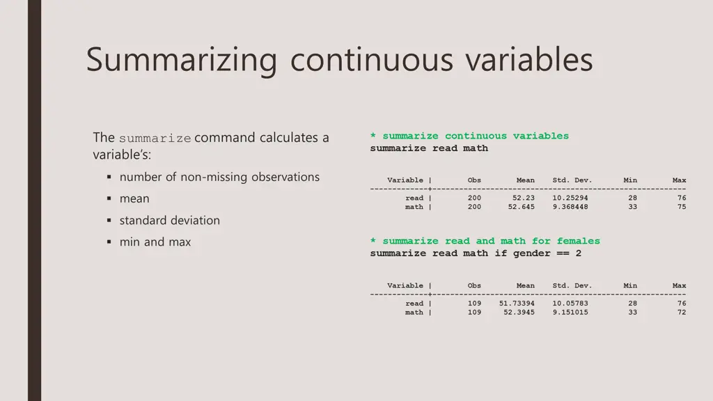 summarizing continuous variables