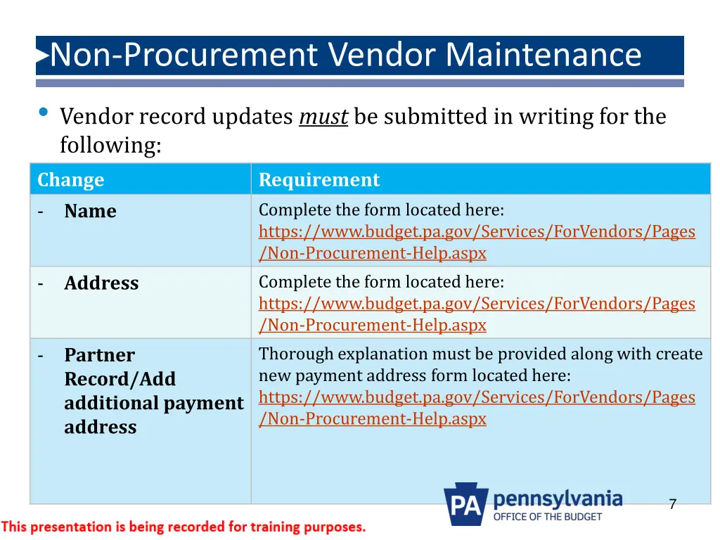 non procurement vendor maintenance