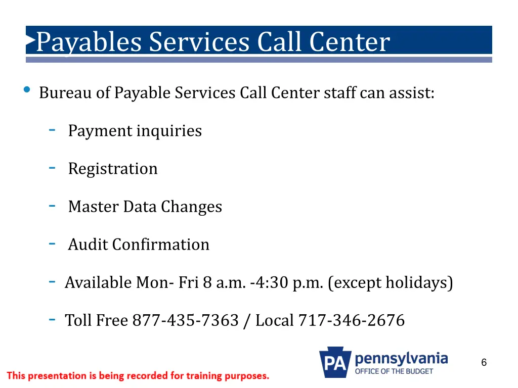 payables services call center