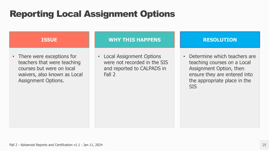 reporting local assignment options