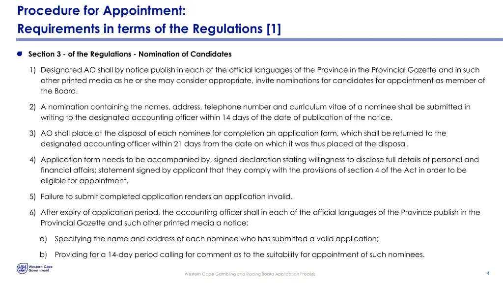 procedure for appointment requirements in terms