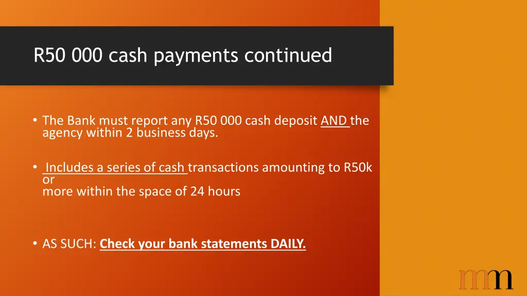 r50 000 cash payments continued