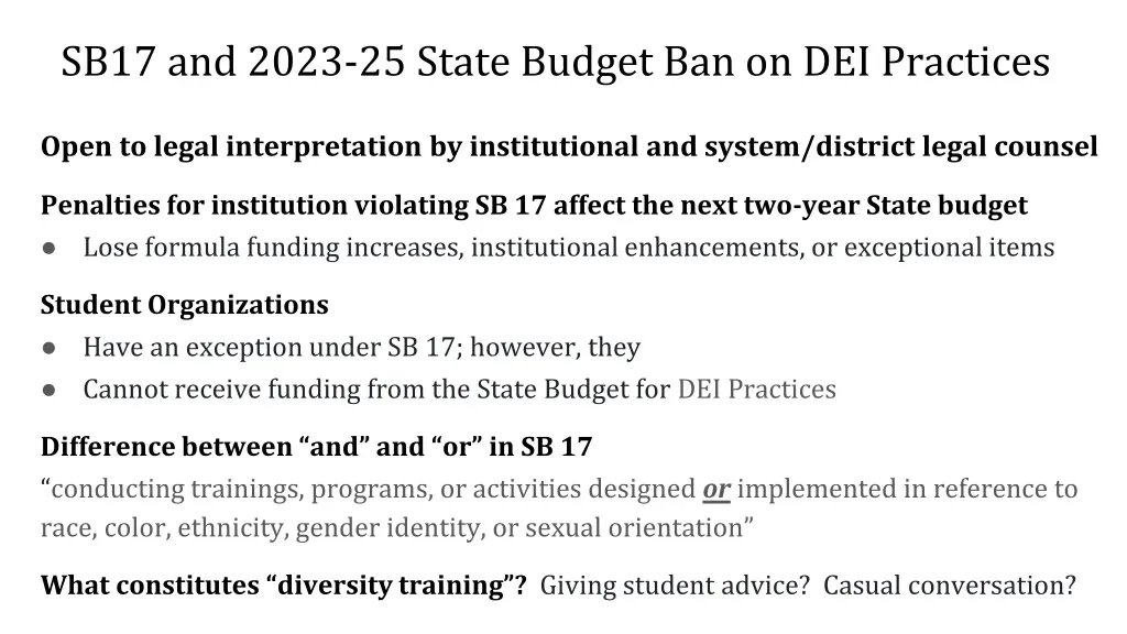 sb17 and 2023 25 state budget ban on dei practices