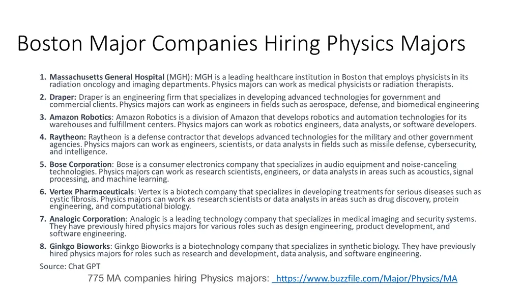 boston major companies hiring physics majors