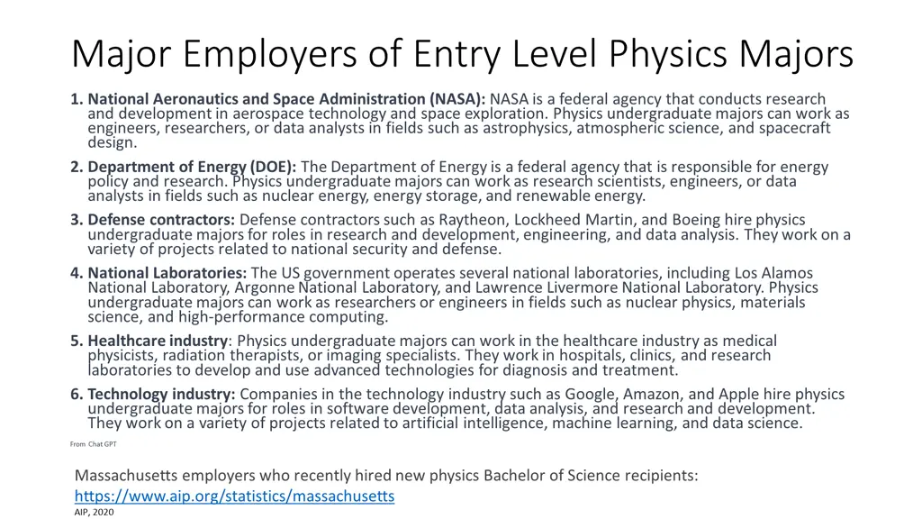 major employers of entry level physics majors