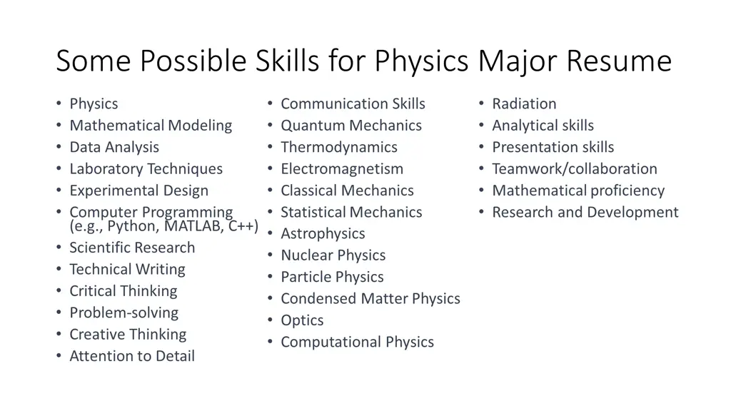 some possible skills for physics major resume