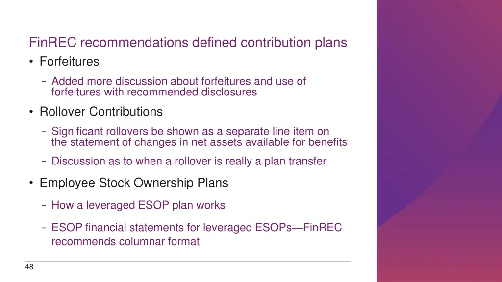finrec recommendations defined contribution plans 1