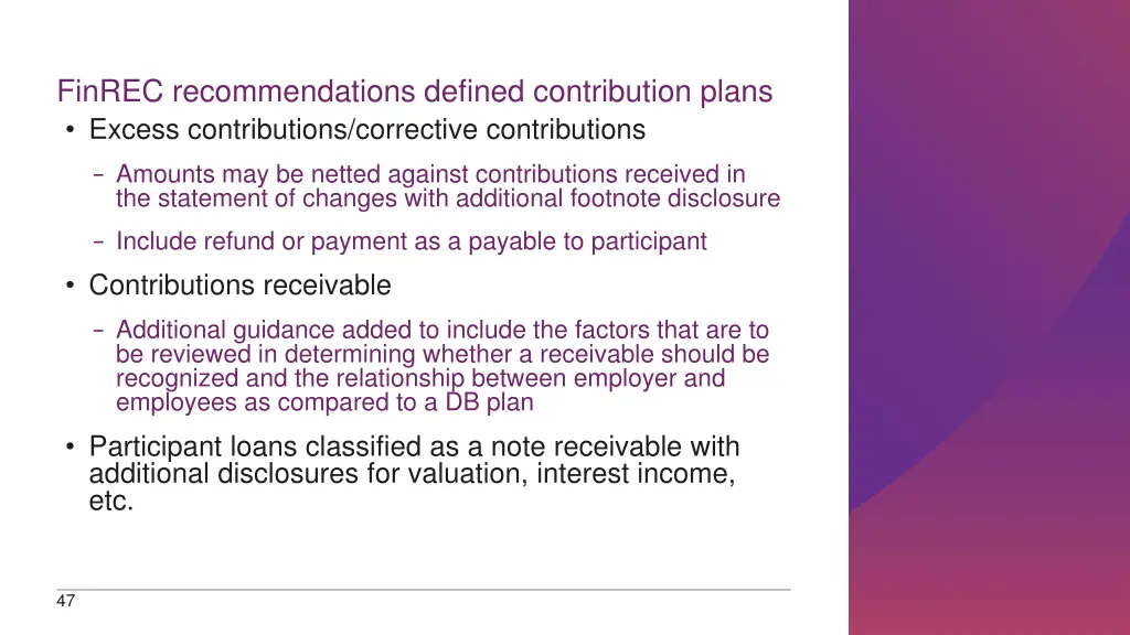 finrec recommendations defined contribution plans