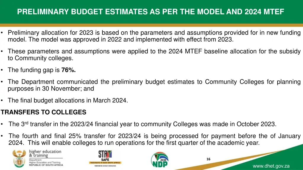 preliminary budget estimates as per the model