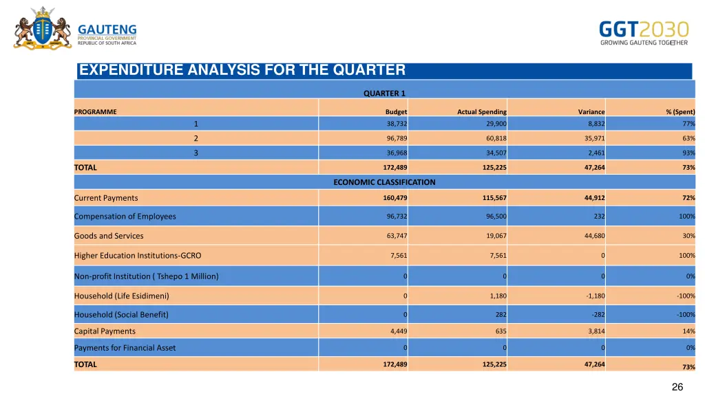 expenditure analysis for the quarter