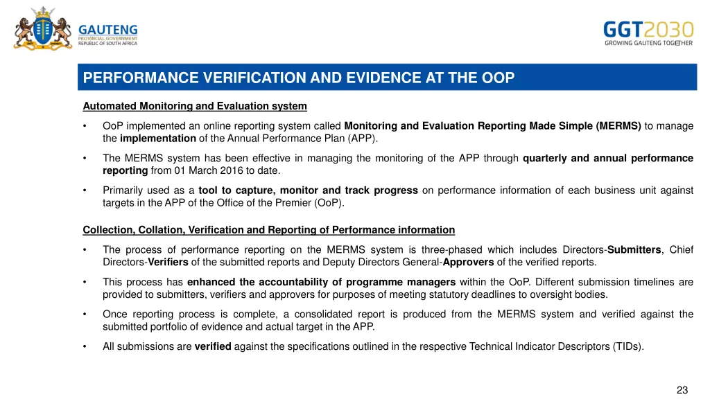 performance verification and evidence at the oop