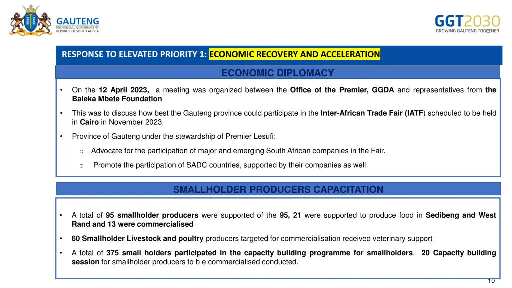 response to elevated priority 1 economic recovery 1