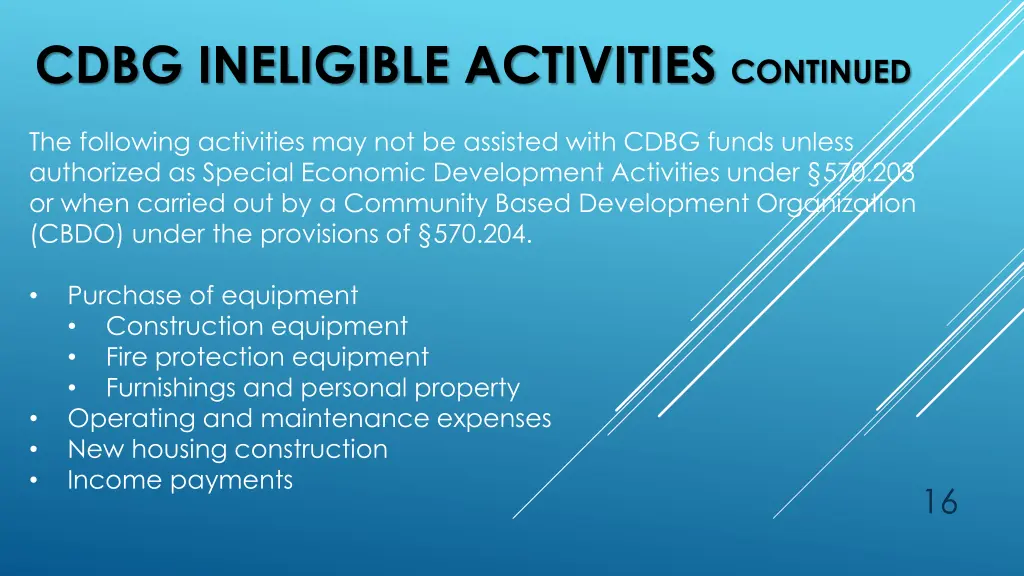 cdbg ineligible activities continued