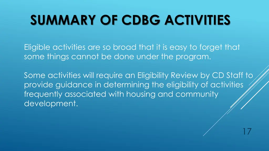 summary of cdbg activities