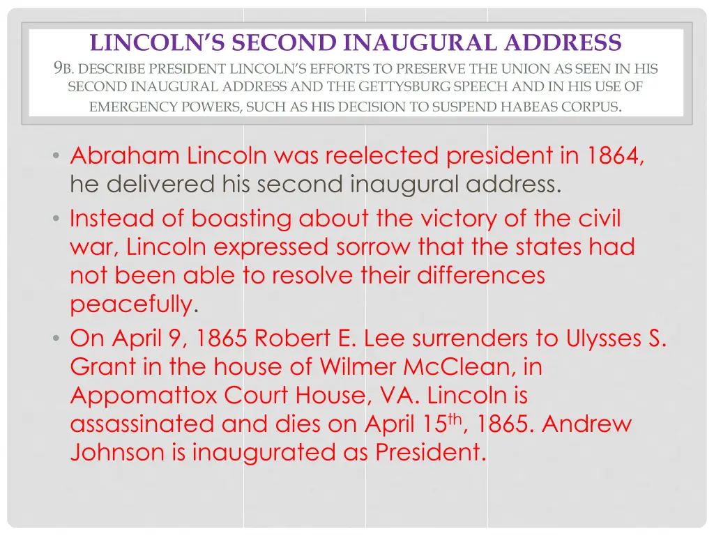 lincoln s second inaugural address 9 b describe