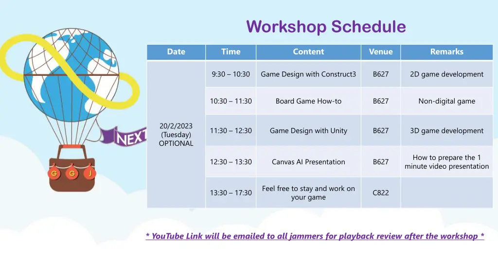 workshop schedule