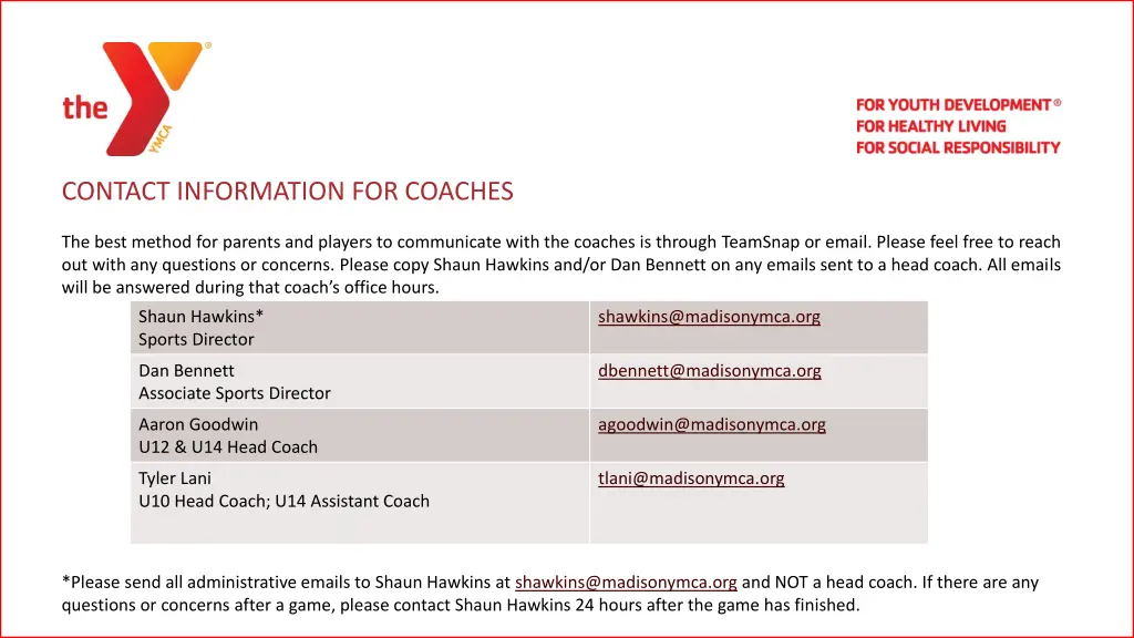 contact information for coaches