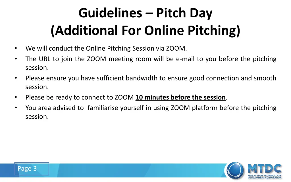 guidelines pitch day additional for online