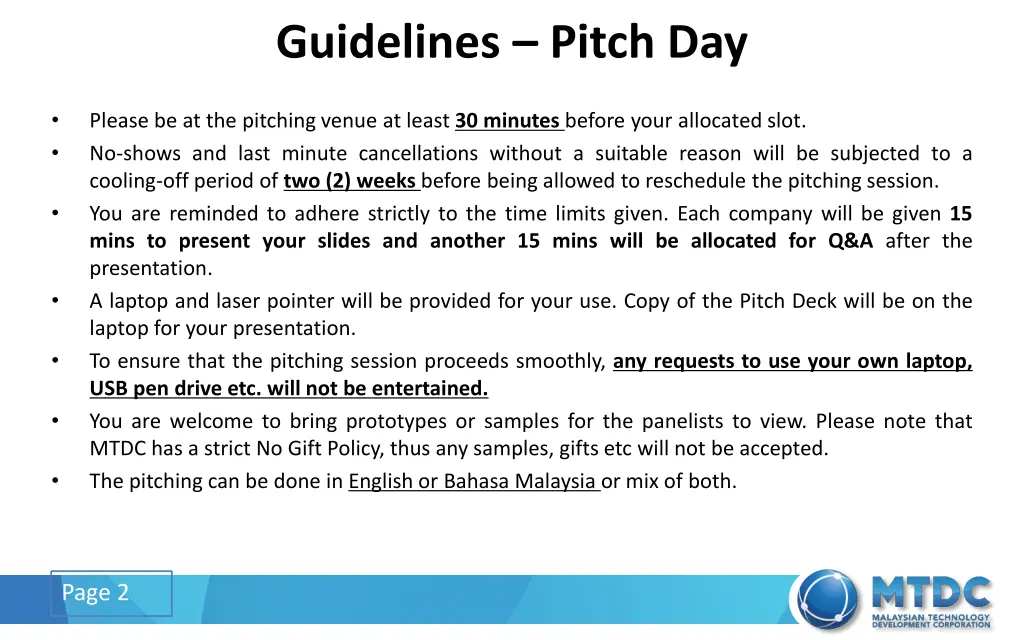 guidelines pitch day