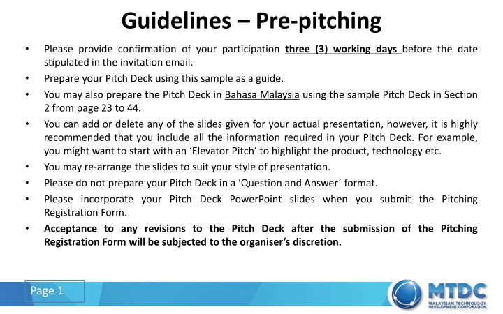 guidelines pre pitching