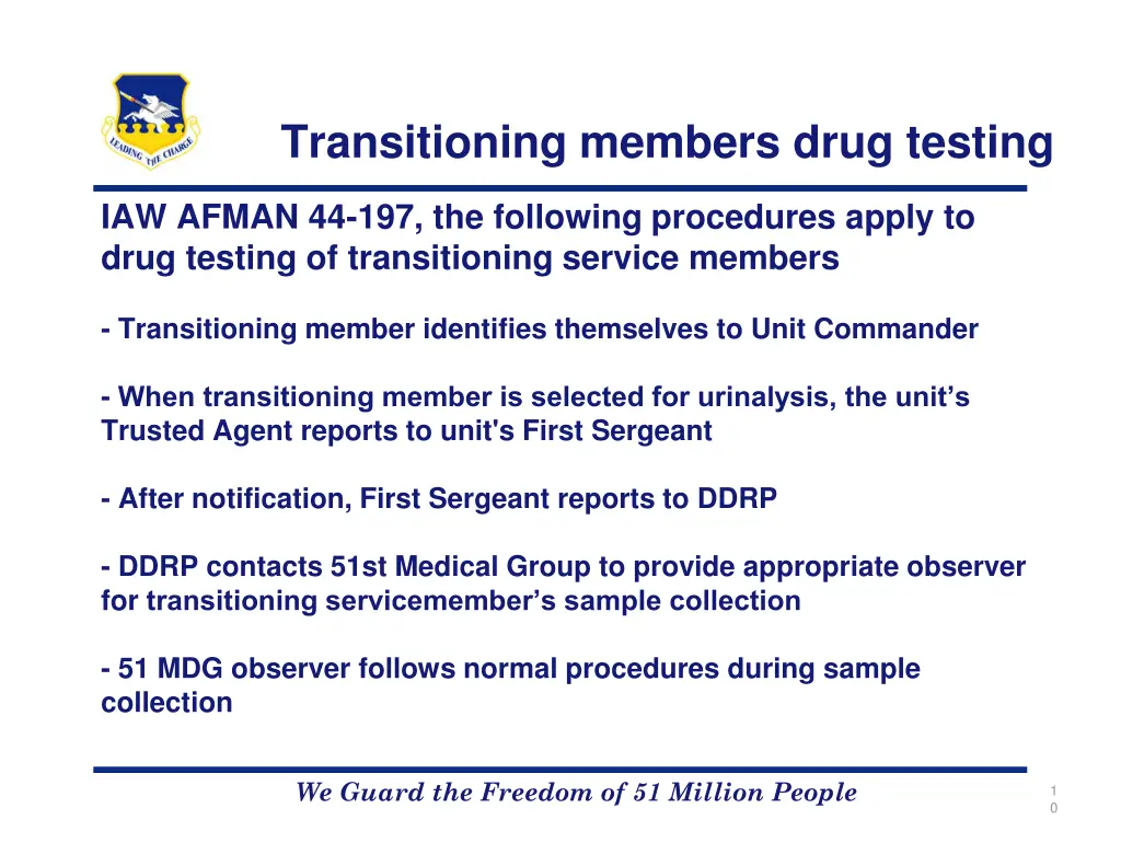 transitioning members drug testing