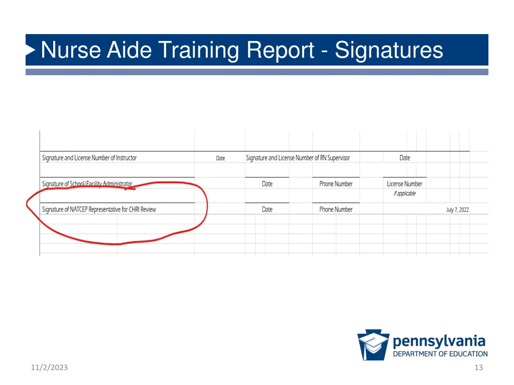 nurse aide training report signatures