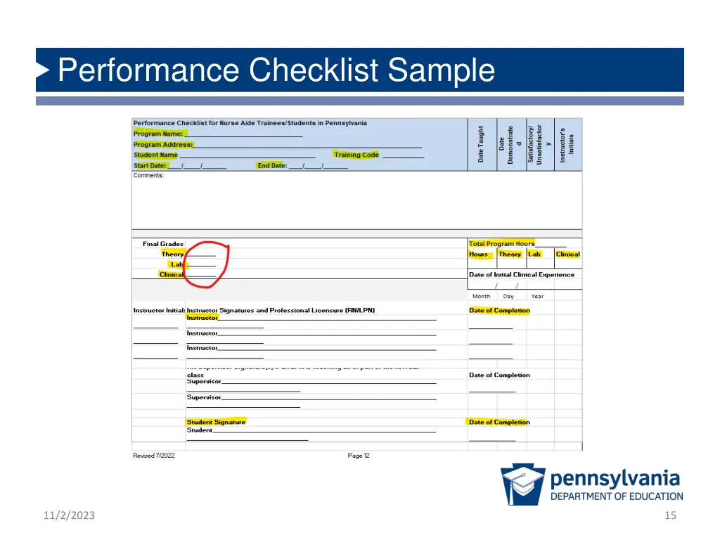 performance checklist sample
