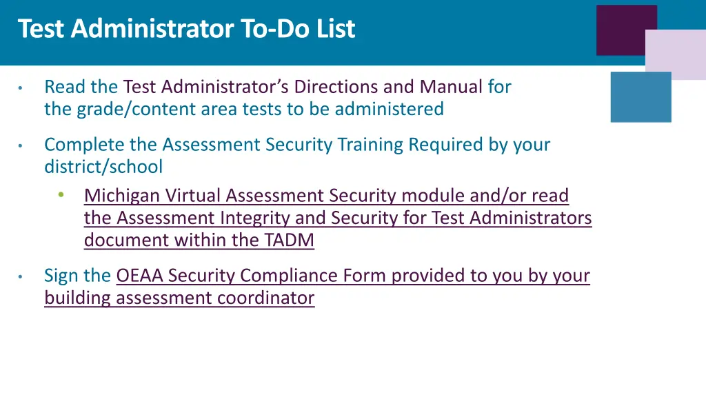 test administrator to do list