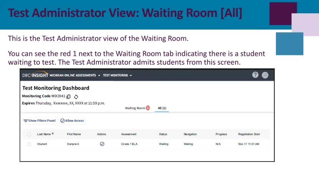 test administrator view waiting room all