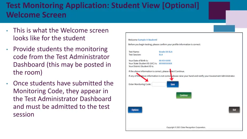 test monitoring application student view optional