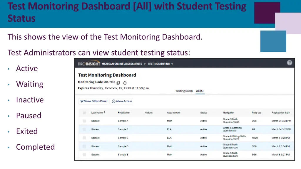 test monitoring dashboard all with student