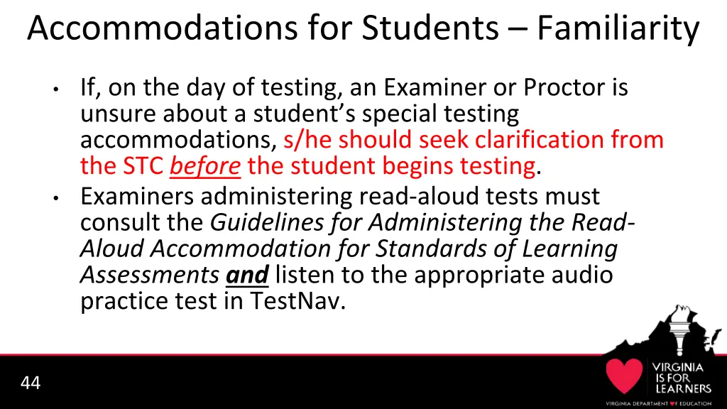 accommodations for students familiarity