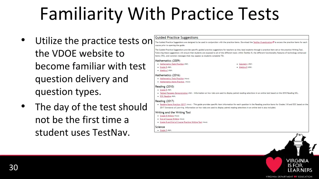 familiarity with practice tests