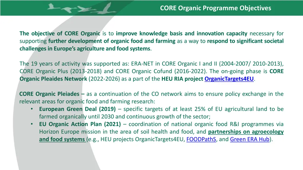 core organic programme objectives