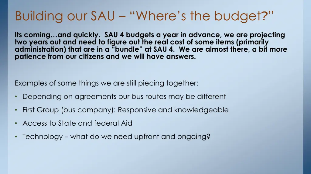 building our sau where s the budget