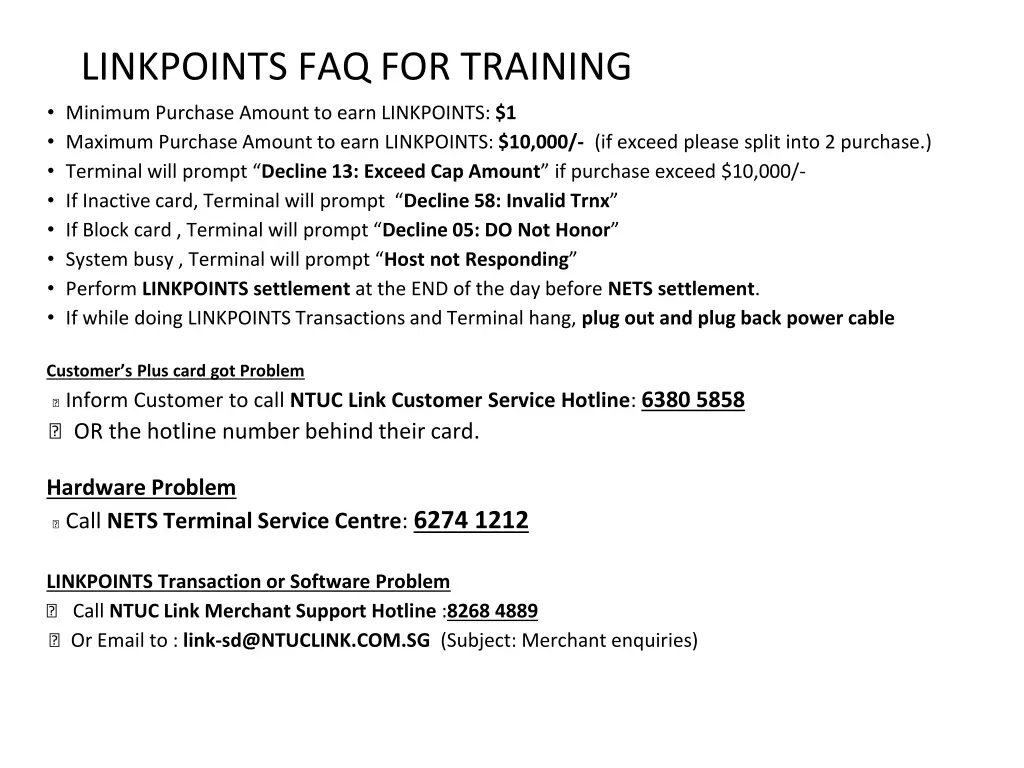 linkpoints faq for training minimum purchase