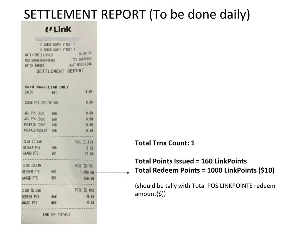 settlement report to be done daily