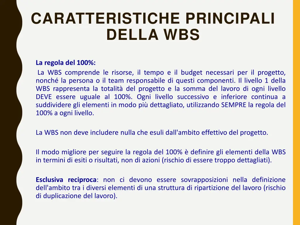 caratteristiche principali della wbs